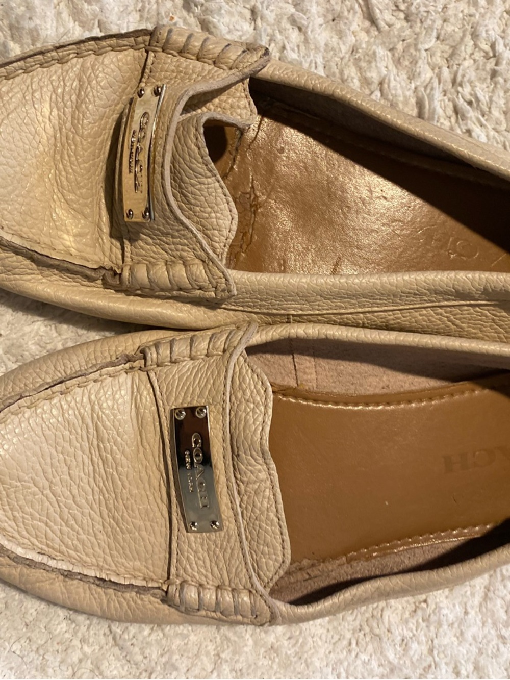Coach Cream Leather Penny Loafers with Metal Plaque